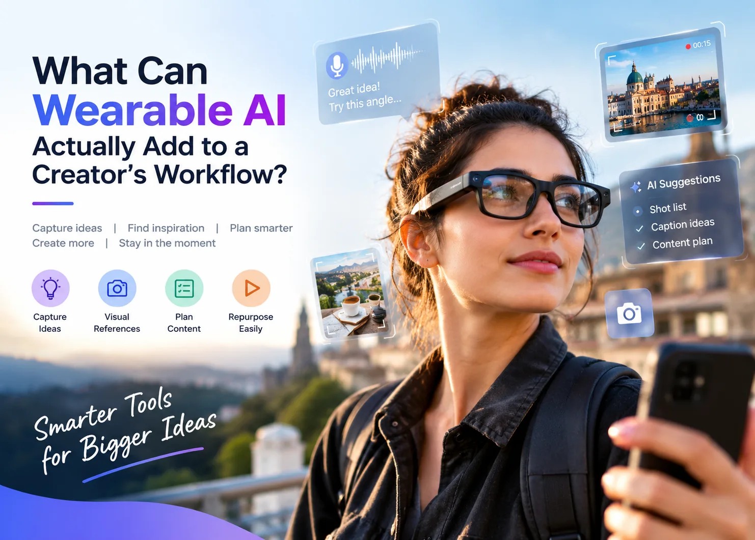 Banner showing a content creator wearing AI-powered smart glasses, surrounded by digital overlays representing idea capture, visual references, content planning, AI suggestions, and repurposing. The modern futuristic design highlights how wearable AI can support creators throughout their daily content workflow.